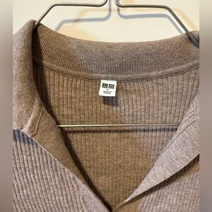 Uniqlo Ribbed Collared Long Sleeve Top in Taupe Beige